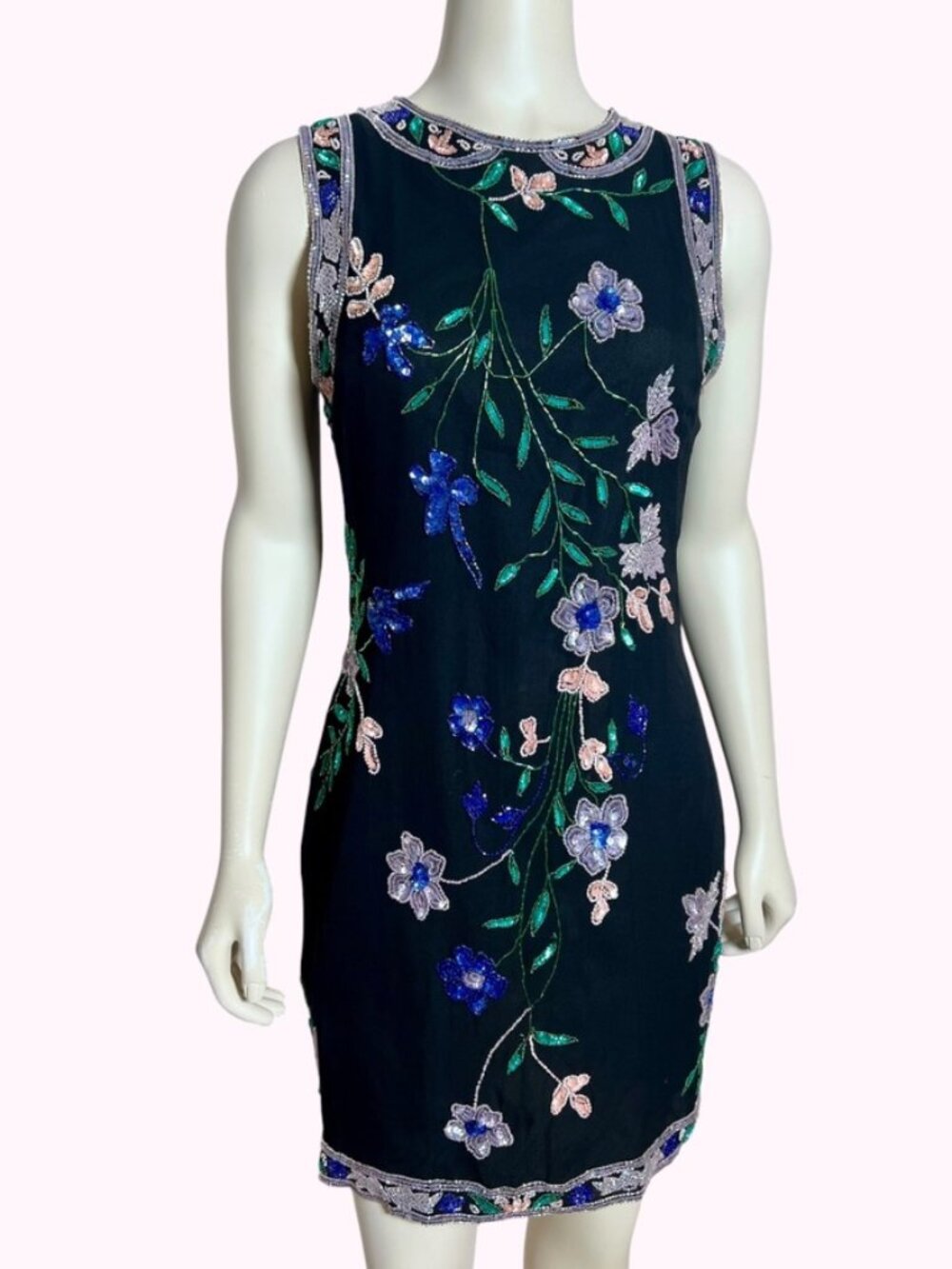 Beaded Drama 1990s Y2K Vintage Floral Mini Dress Size M